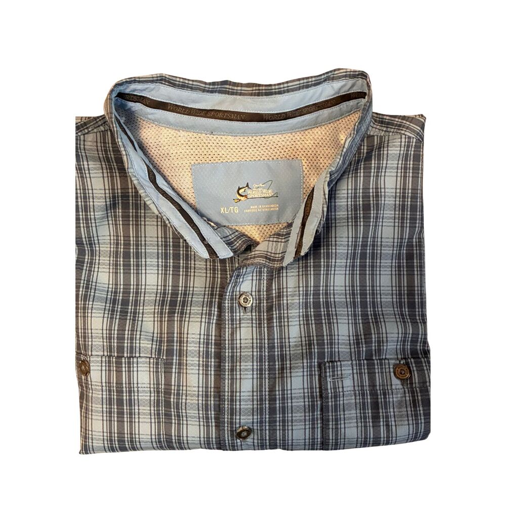 World Wide Sportsman Men's Button-Up Fishing Shirt Blue Plaid